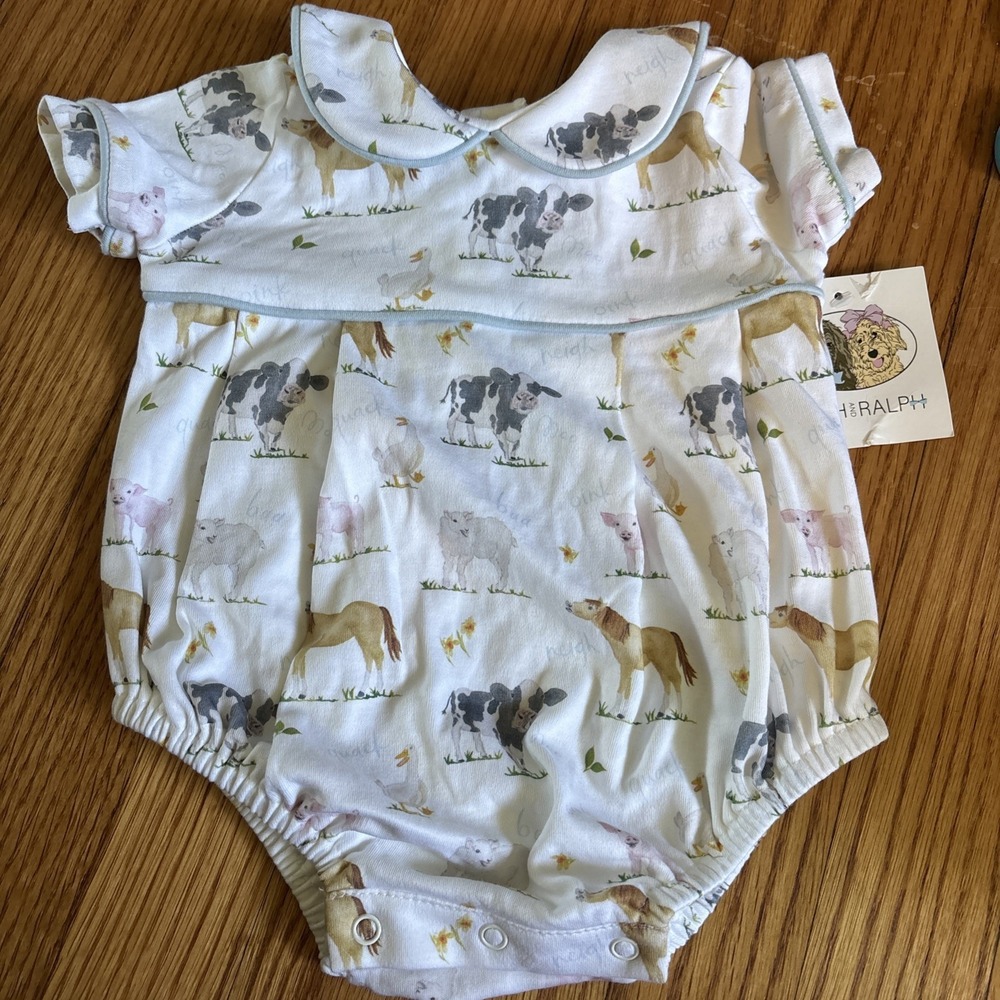 Ruth And Ralph Shortalls Romper Farm Animals Cow Horse Peter Pan Collar  NWT
